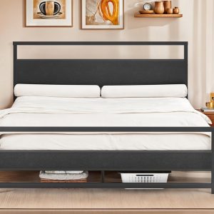 DWVO King Bed Frame with Modern Wood Headboard & Footboard, Heavy Metal Platform with 1212lbs Capacity,Noise-Free, Easy Assembly,Under-Bed Storage,King Black