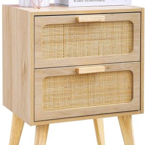 Rattan Nightstand,Boho Bedside with Storage,End Table,Side Table with 2 Hand Made Rattan Decorated Drawers for Small Space,Livingroom,Bedroom,Natural 11.8" D x 16" W x 22.4" H CTG59Y