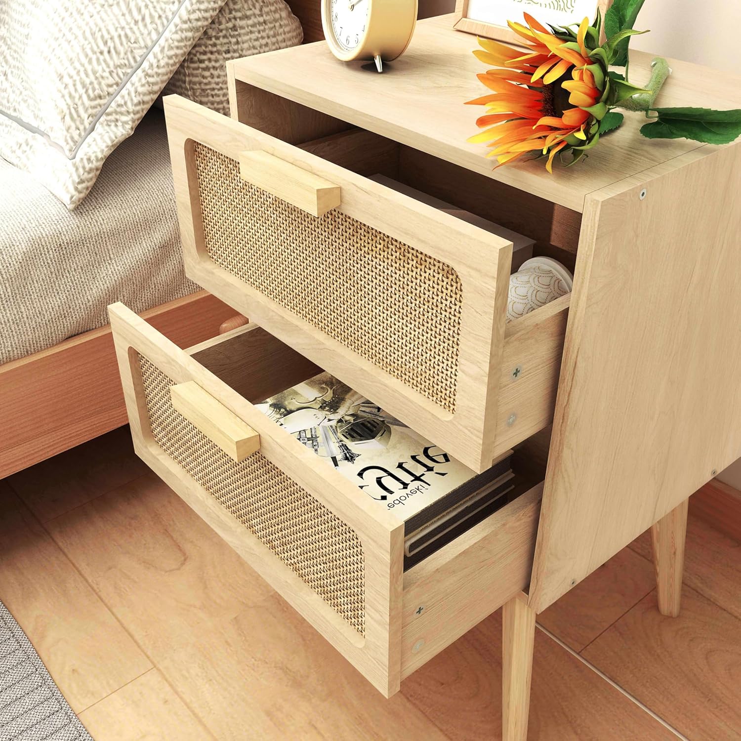 Rattan Nightstand,Boho Bedside with Storage,End Table,Side Table with 2 Hand Made Rattan Decorated Drawers for Small Space,Livingroom,Bedroom,Natural 11.8" D x 16" W x 22.4" H CTG59Y - Image 7