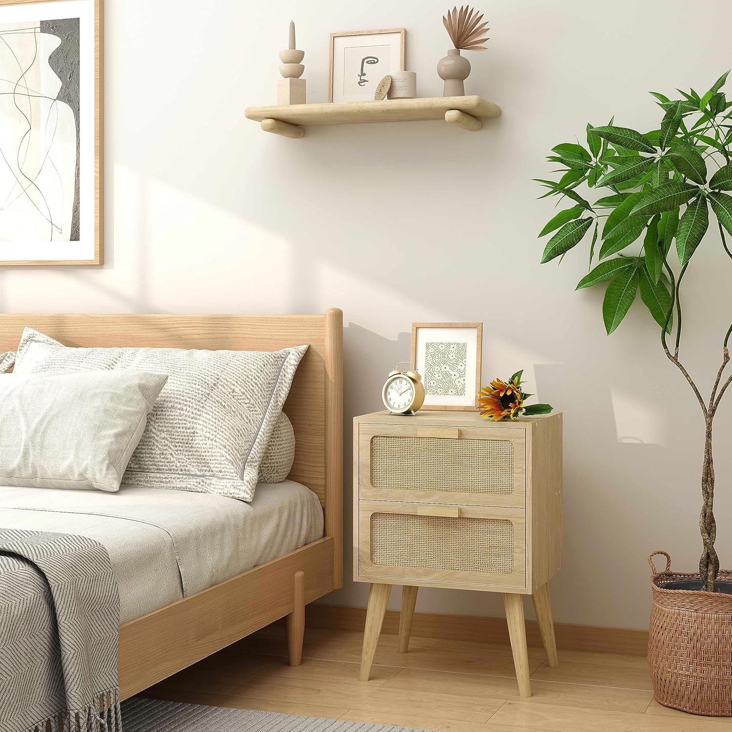 Rattan Nightstand,Boho Bedside with Storage,End Table,Side Table with 2 Hand Made Rattan Decorated Drawers for Small Space,Livingroom,Bedroom,Natural 11.8" D x 16" W x 22.4" H CTG59Y - Image 9