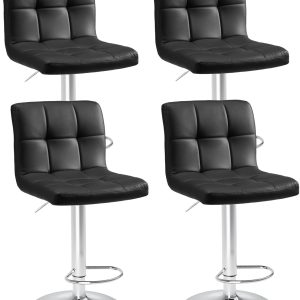 Sweetcrispy Bar Stools Set of 4, PU Leather Adjustable Swivel Barstools, Armless Hydraulic Kitchen Counter Height Bar Stools, Thickened Seat Cushion Square Island Barstools with Back, Black